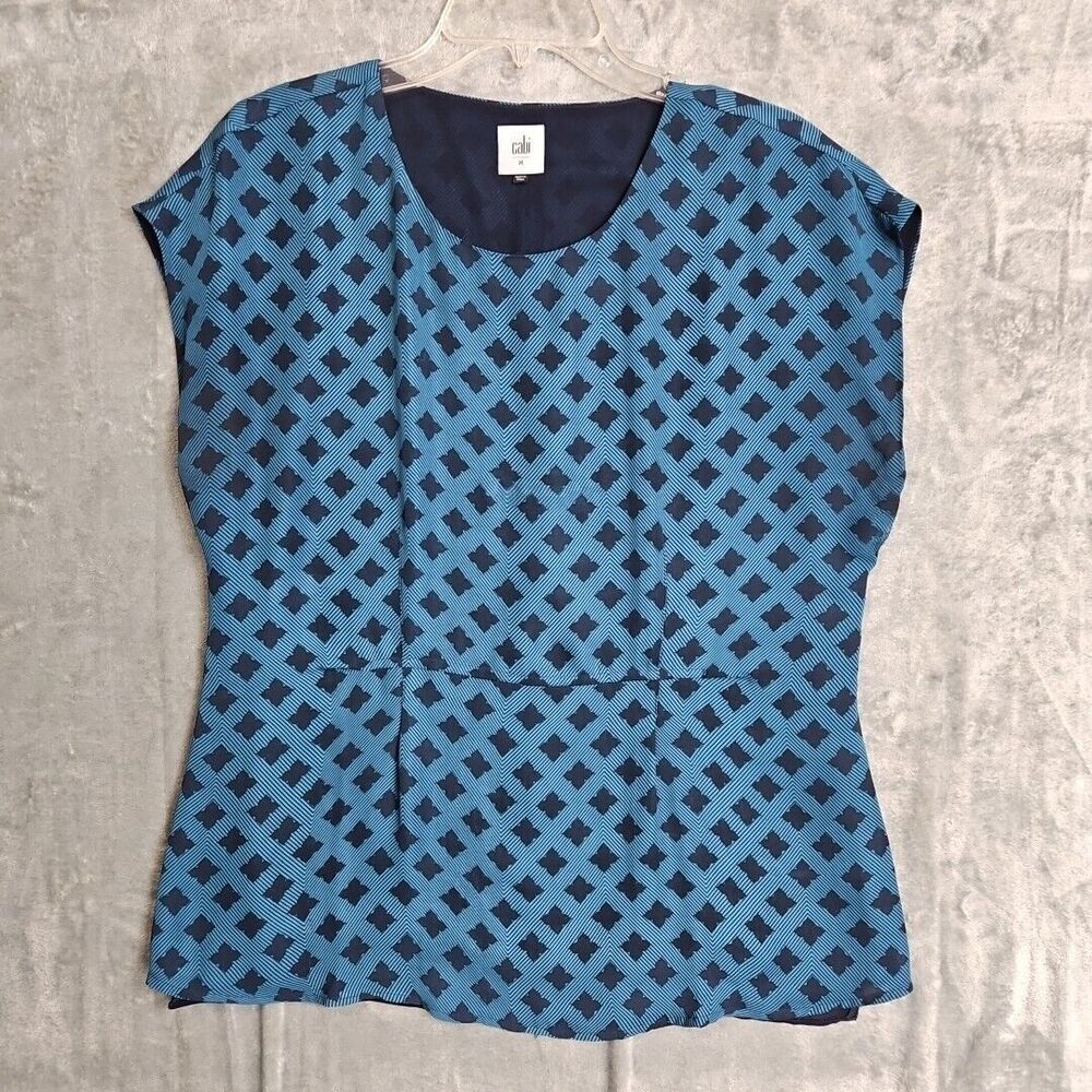 Cabi Blue Green Geometric Sleeveless Top blouse Med lined back pleat